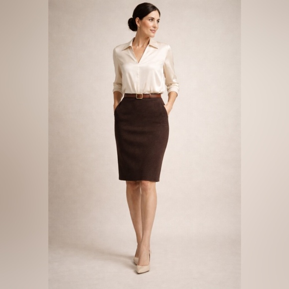 St. John Collection Chocolate Brown Stretchy Pencil Skirt Sz 2 Quiet Luxury Chic